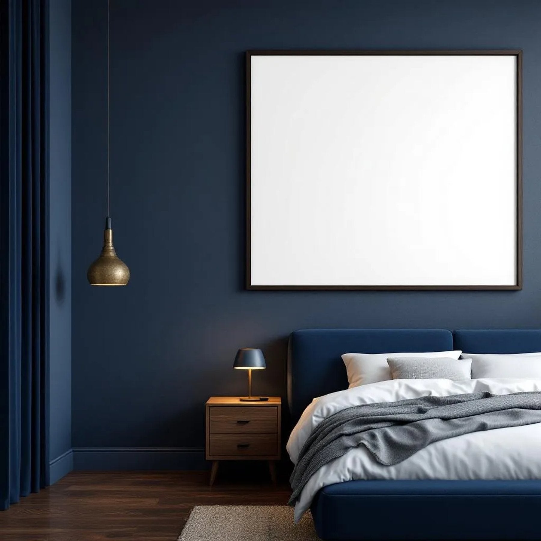 Bedroom Navy Interior Frame Mockup — Plain Square Frame Landscape 3:4 — Perspective View — #04027 | MockupBulk