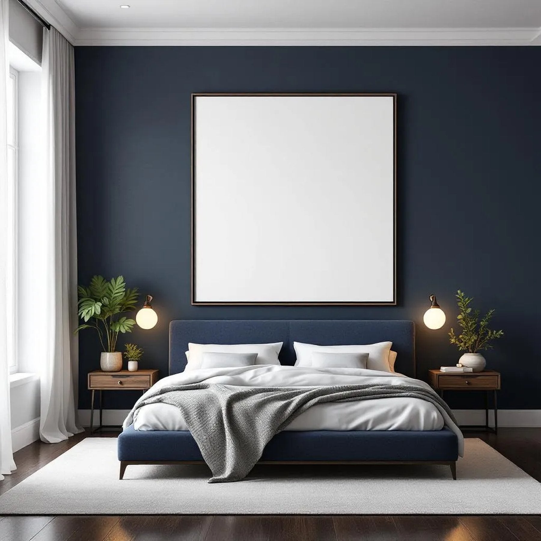 Bedroom Navy Wall Art Mockup — Plain Square Frame Portrait 2:3 — Perspective View — #04030 | MockupBulk
