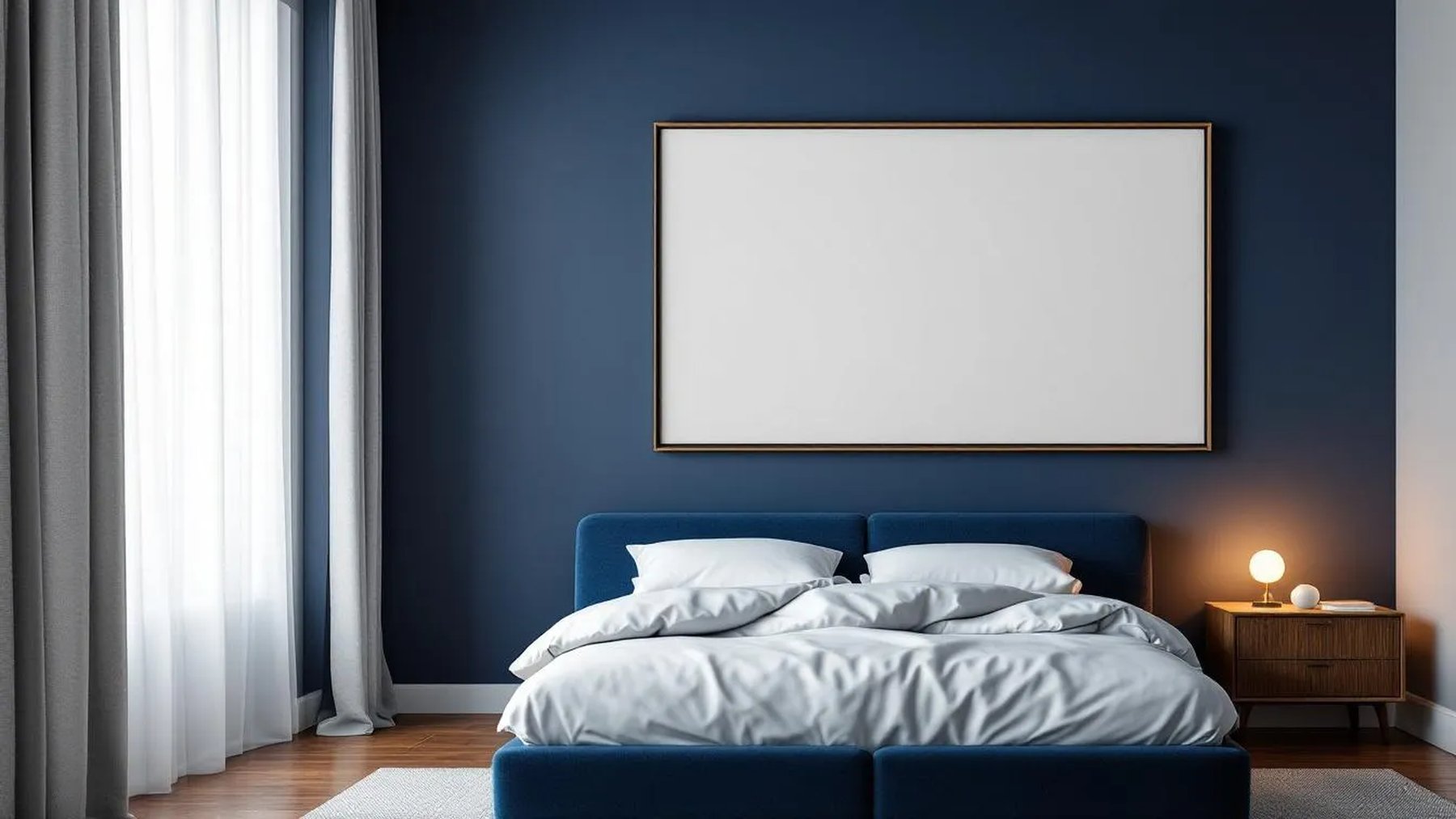 Bedroom Navy Interior Frame Mockup — Espresso Frame Portrait 2:3 — Perspective View — #04031 | MockupBulk
