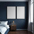 Bedroom Navy Premium Interior Mockup — Plain Square Frame Portrait 2:3 — Perspective View — #04033 | MockupBulk