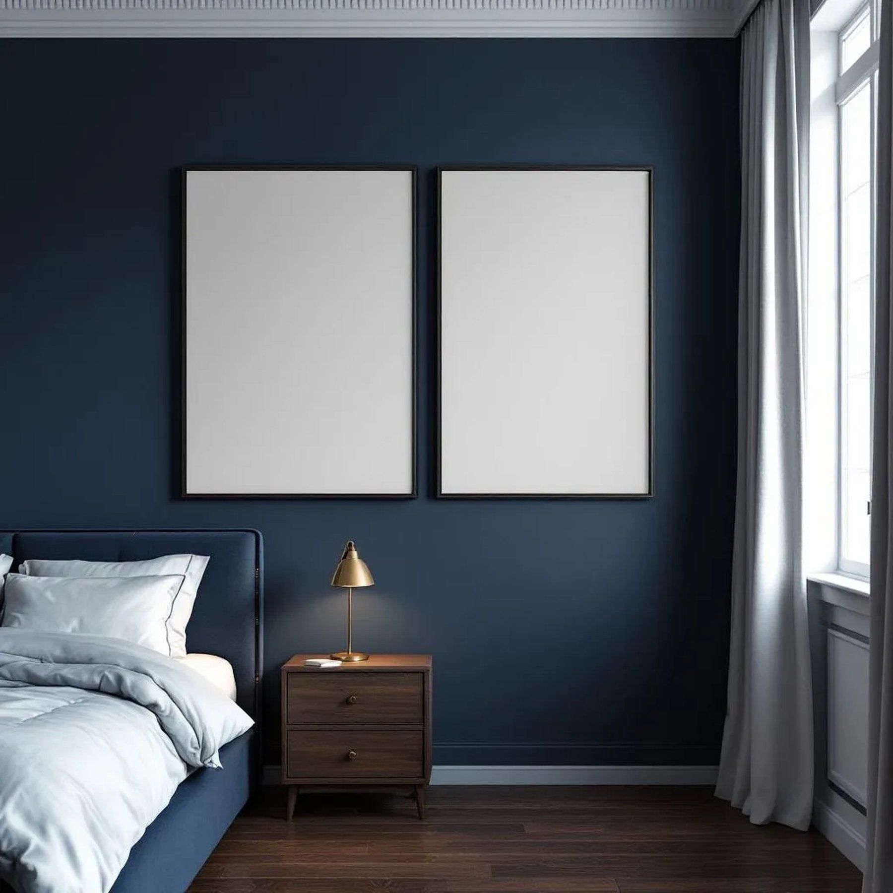Bedroom Navy Premium Interior Mockup — Plain Square Frame Portrait 2:3 — Perspective View — #04033 | MockupBulk