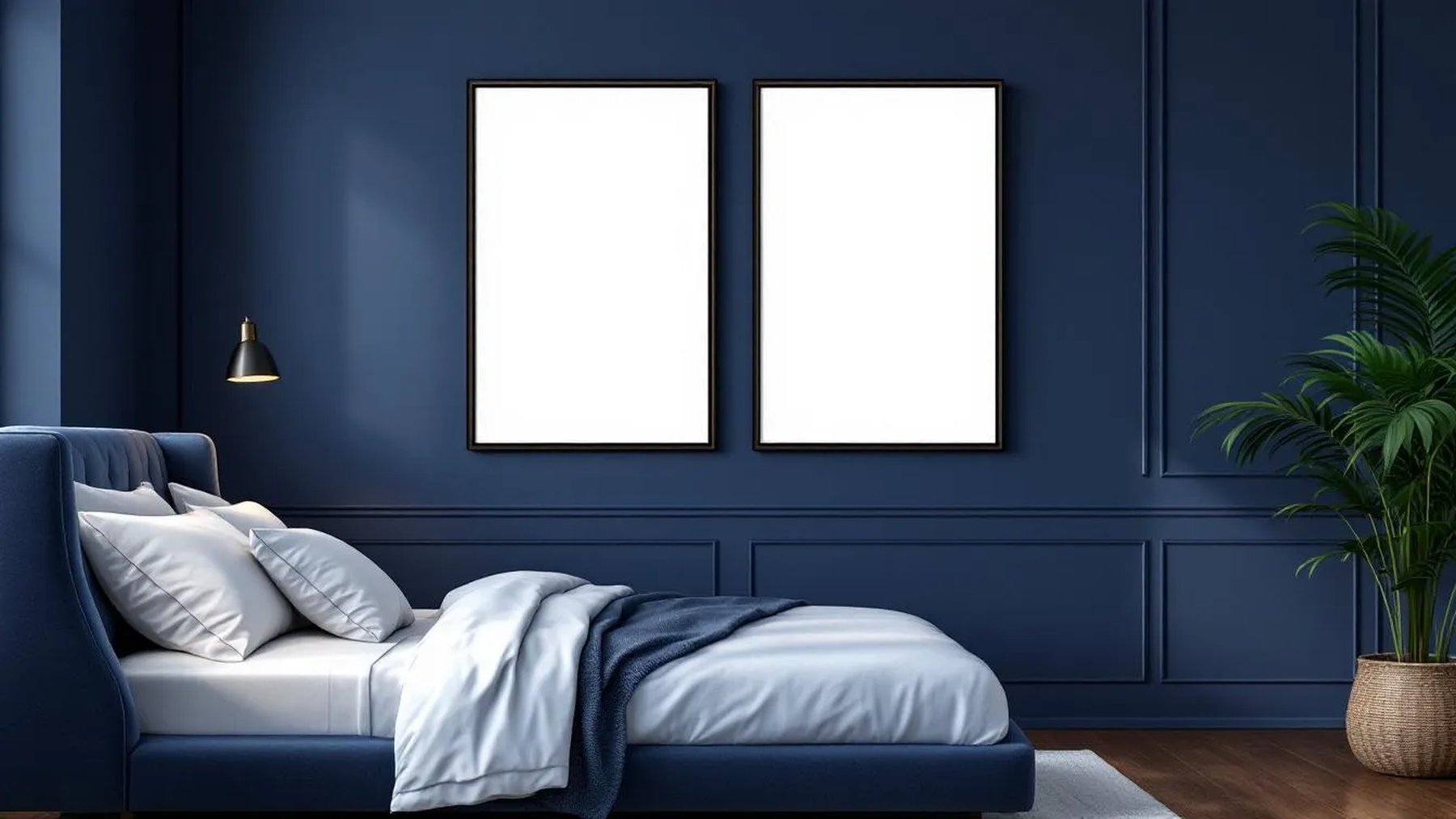 Bedroom Navy Premium Interior Mockup — Matte Black Frame Portrait 2:3 — Perspective View — #04034 | MockupBulk