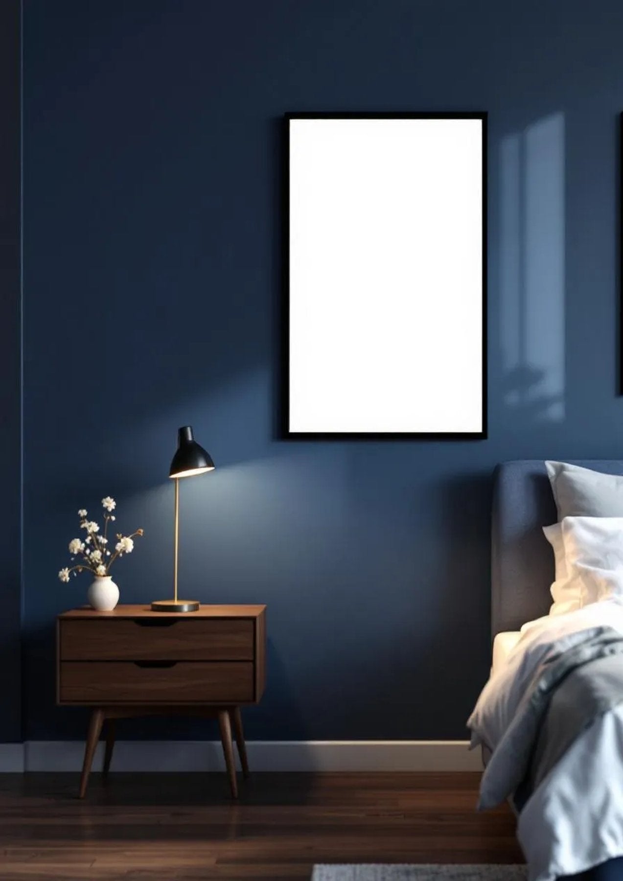 Bedroom Navy Styled Room Mockup — Matte Black Frame Portrait 2:3 — Perspective View — #04035 | MockupBulk