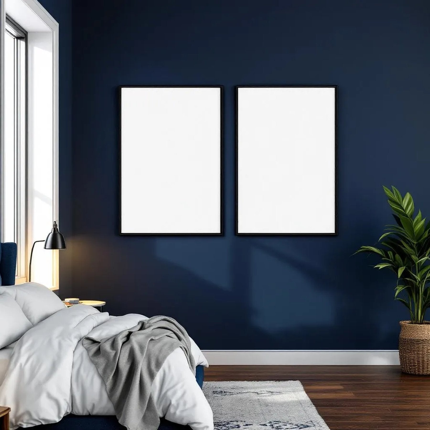 Bedroom Navy Room Scene Mockup — Plain Square Frame Portrait 2:3 — Perspective View — #04036 | MockupBulk