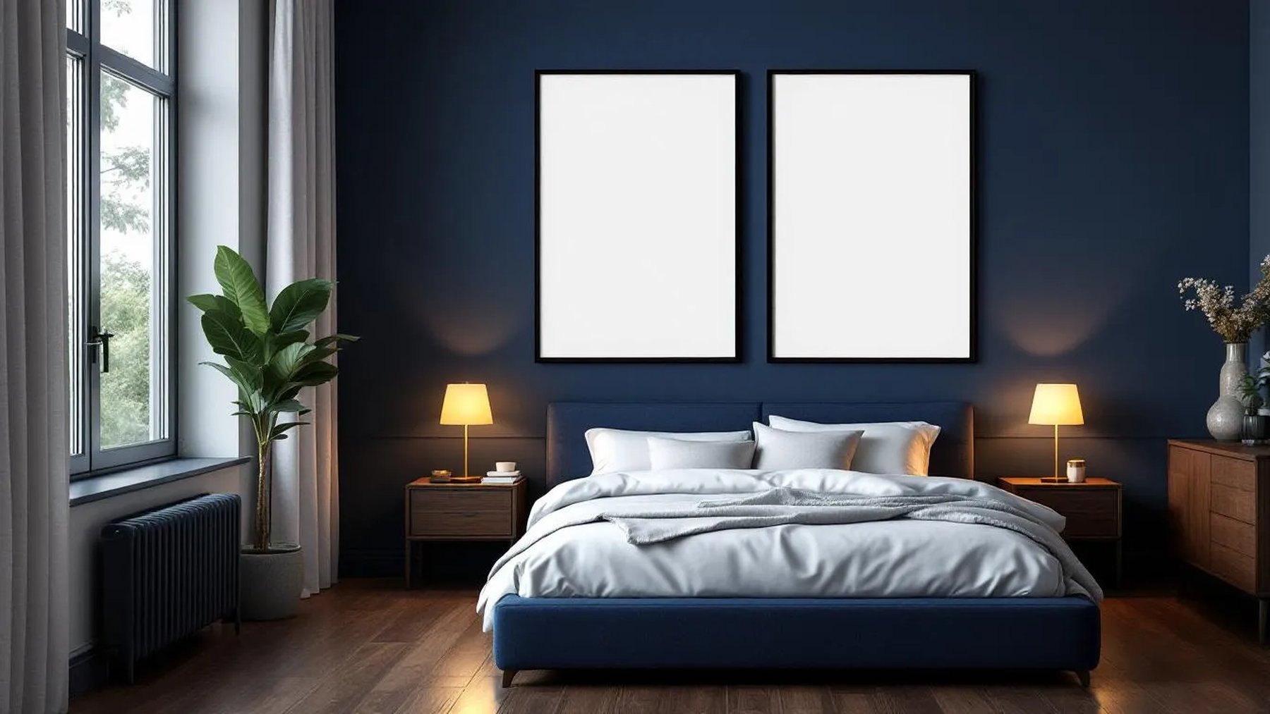 Bedroom Navy Styled Room Mockup — Matte Black Frame Portrait 2:3 — Perspective View — #04037 | MockupBulk