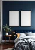 Bedroom Navy Editorial Room Mockup — Matte Black Frame Portrait 2:3 — Perspective View — #04038 | MockupBulk