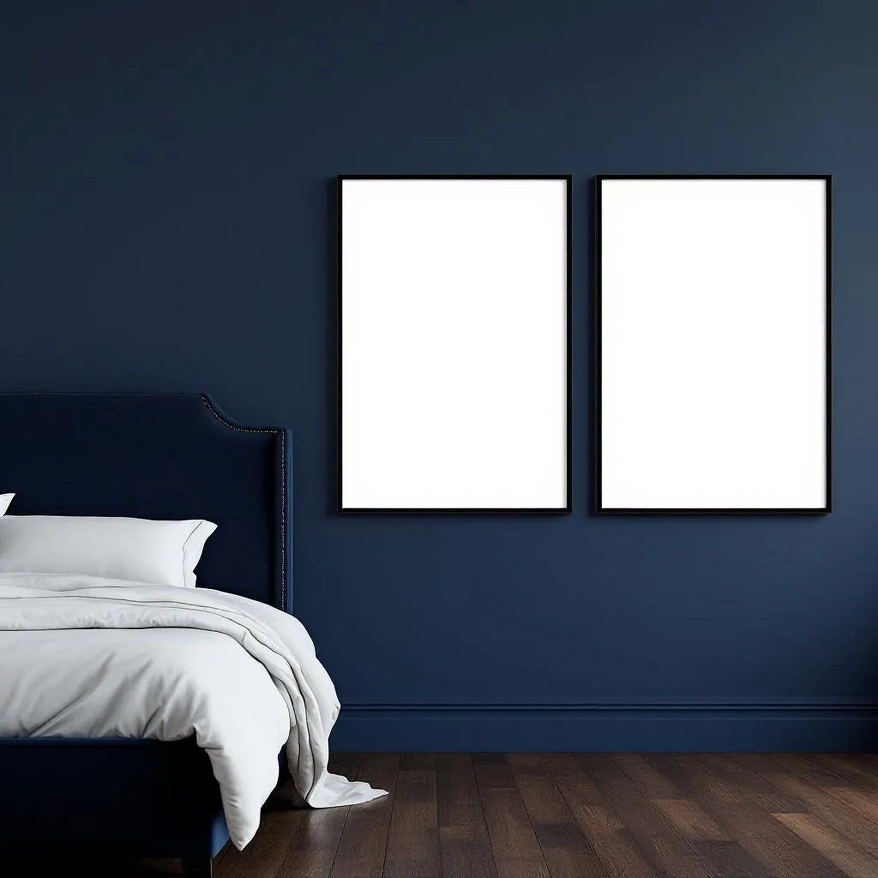 Bedroom Navy Editorial Room Mockup — Plain Square Frame Portrait 2:3 — Perspective View — #04039 | MockupBulk