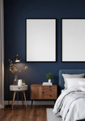 Bedroom Navy Premium Interior Mockup — Matte Black Frame Portrait 2:3 — Perspective View — #04041 | MockupBulk