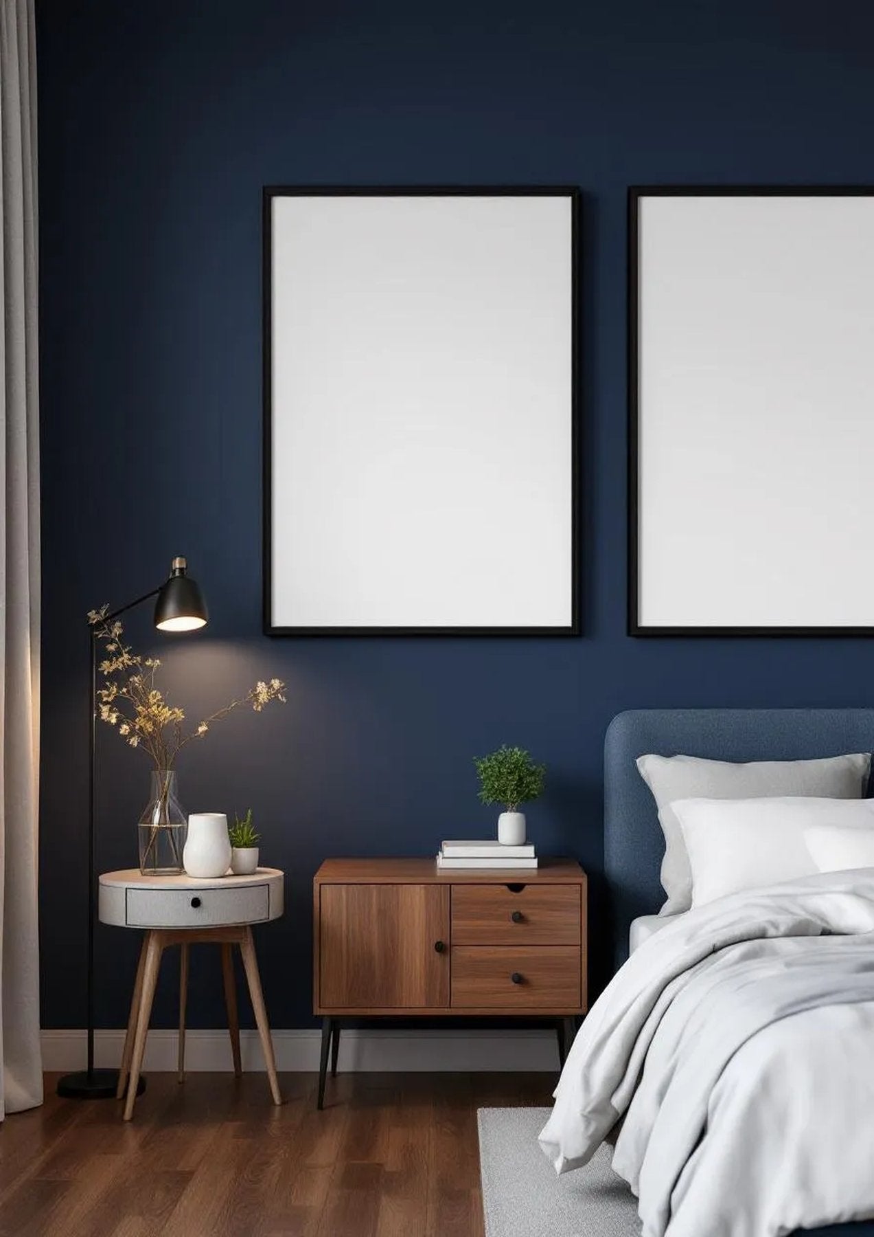 Bedroom Navy Premium Interior Mockup — Matte Black Frame Portrait 2:3 — Perspective View — #04041 | MockupBulk
