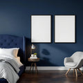 Bedroom Navy Room Scene Mockup — Plain Square Frame Landscape 3:4 — Perspective View — #04042 | MockupBulk