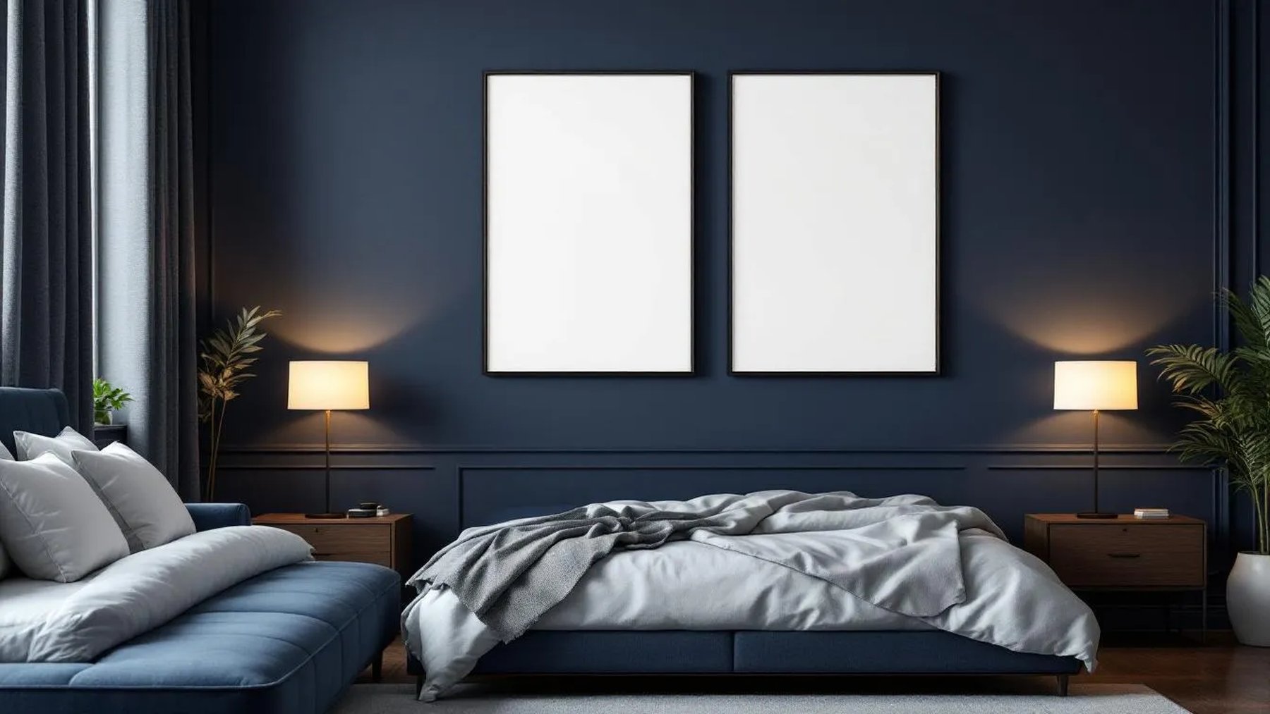 Bedroom Navy Interior Frame Mockup — Matte Black Frame Portrait 2:3 — Perspective View — #04043 | MockupBulk