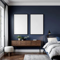Bedroom Navy Editorial Room Mockup — Plain Square Frame Portrait 2:3 — Perspective View — #04045 | MockupBulk