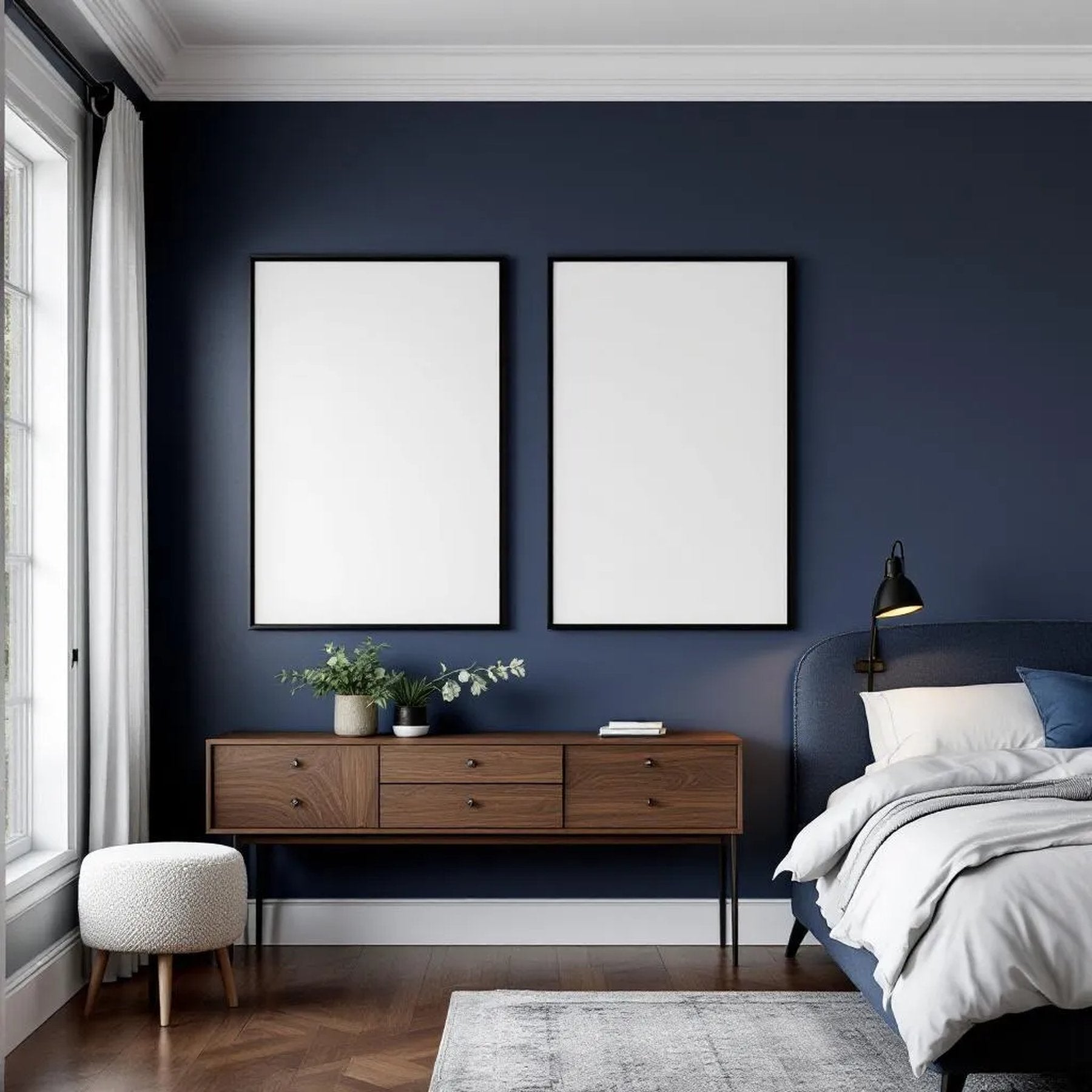 Bedroom Navy Editorial Room Mockup — Plain Square Frame Portrait 2:3 — Perspective View — #04045 | MockupBulk