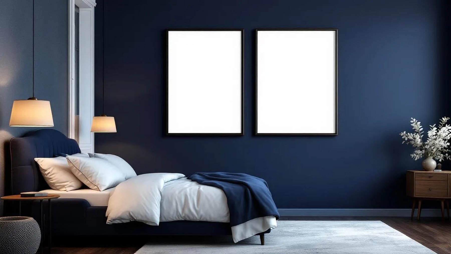 Bedroom Navy Styled Room Mockup — Matte Black Frame Portrait 2:3 — Perspective View — #04046 | MockupBulk
