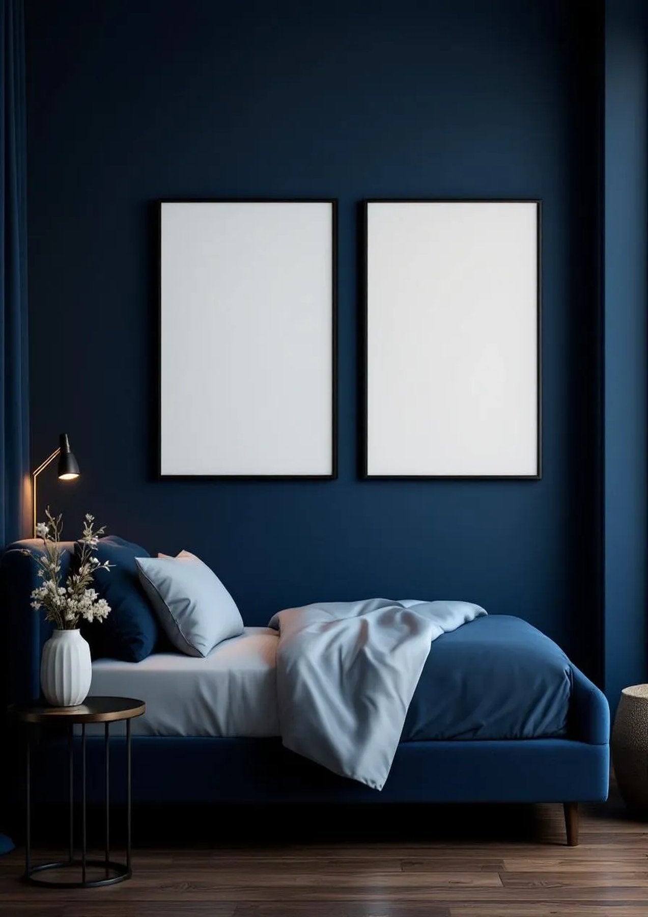 Bedroom Navy Frame Display Mockup — Matte Black Frame Portrait 2:3 — Perspective View — #04050 | MockupBulk