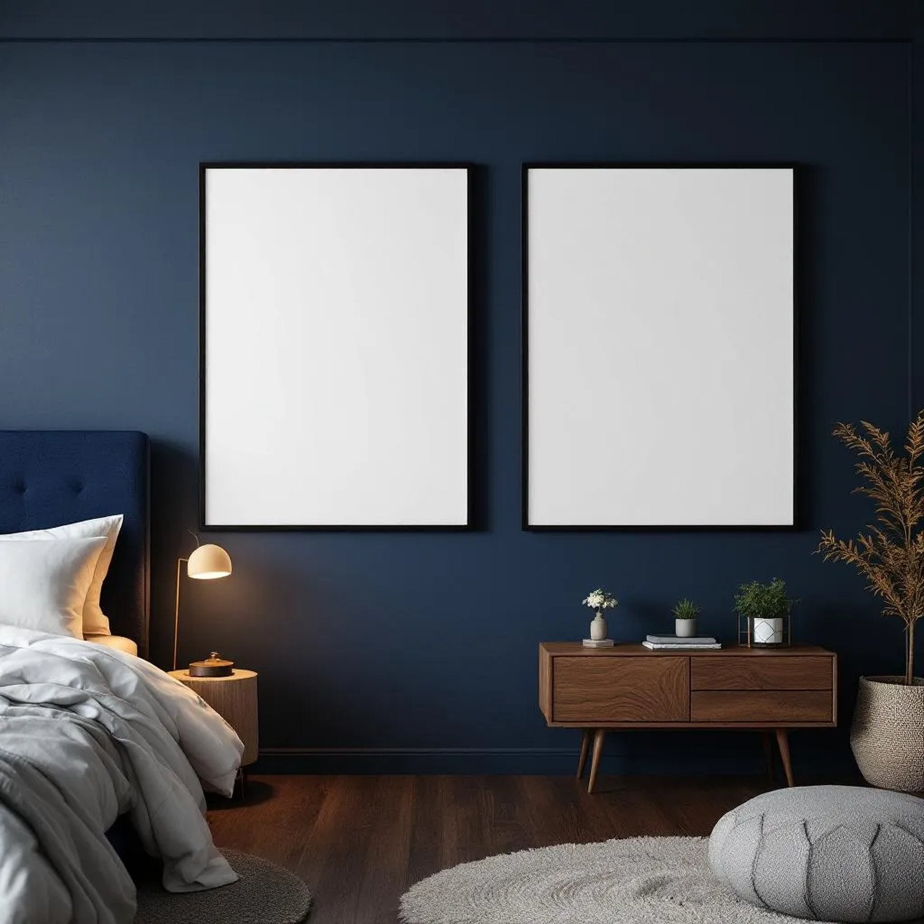 Bedroom Navy Interior Frame Mockup — Plain Square Frame Portrait 5:7 — Perspective View — #04051 | MockupBulk