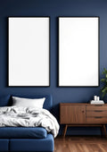 Bedroom Navy Wall Art Mockup — Matte Black Frame Portrait 2:3 — Perspective View — #04053 | MockupBulk
