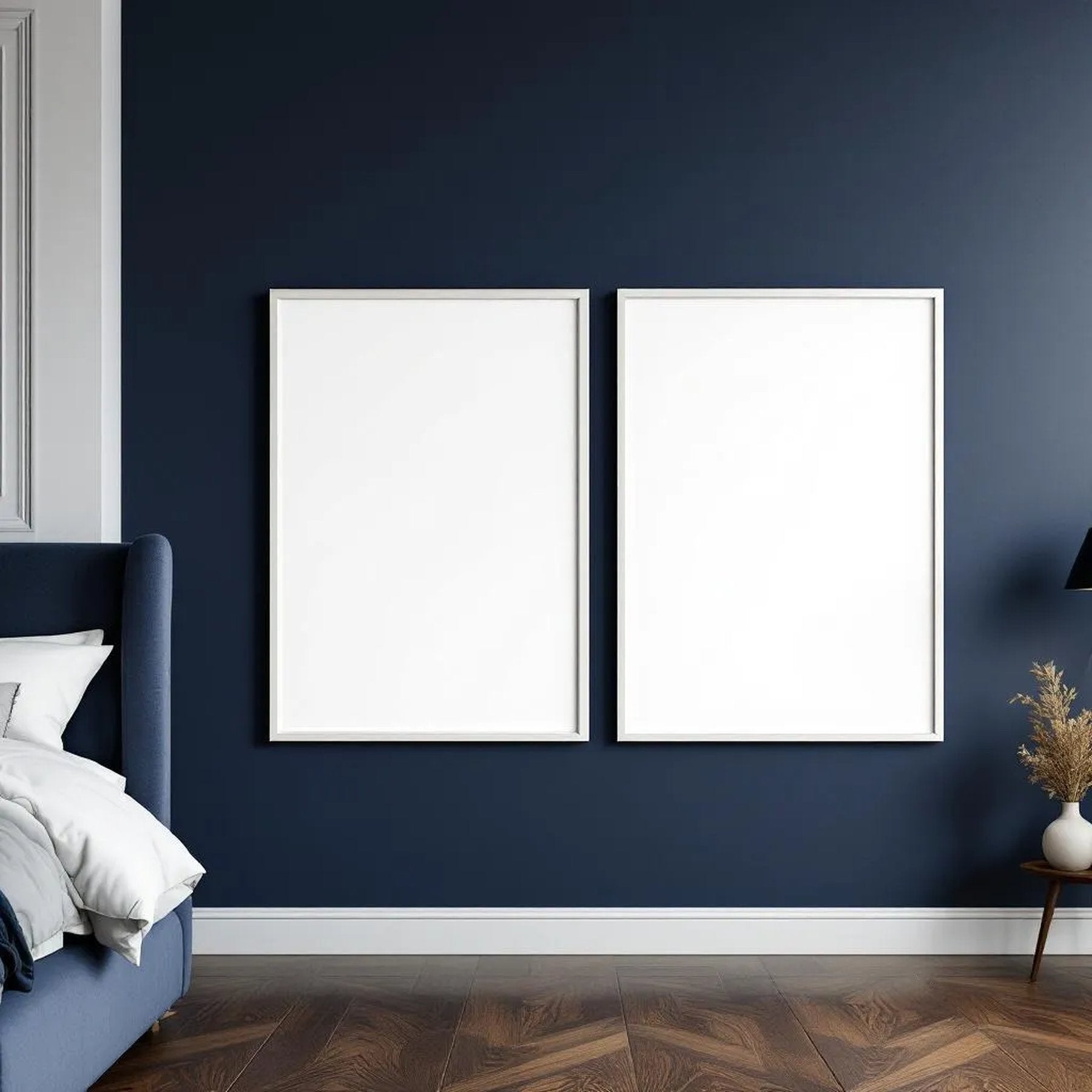 Bedroom Navy High-Res Frame Mockup — Plain Square Frame Portrait 2:3 — Perspective View — #04054 | MockupBulk