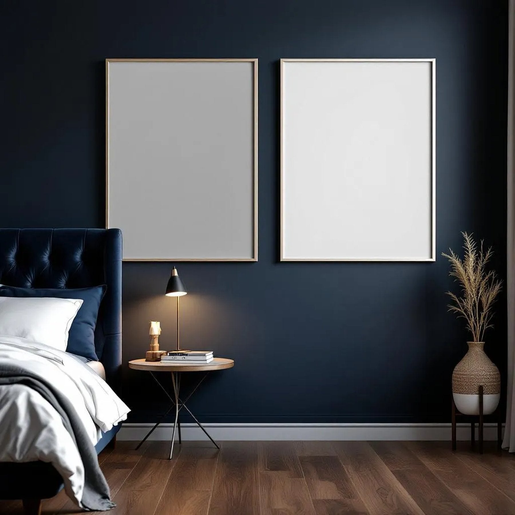 Bedroom Navy Premium Interior Mockup — Plain Square Frame Portrait 5:7 — Perspective View — #04057 | MockupBulk
