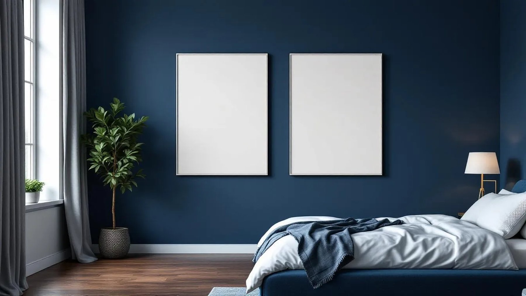 Bedroom Navy High-Res Frame Mockup — White Frame Portrait 2:3 — Perspective View — #04058 | MockupBulk