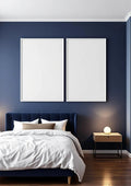 Bedroom Navy Frame Display Mockup — White Frame Portrait 2:3 — Perspective View — #04059 | MockupBulk