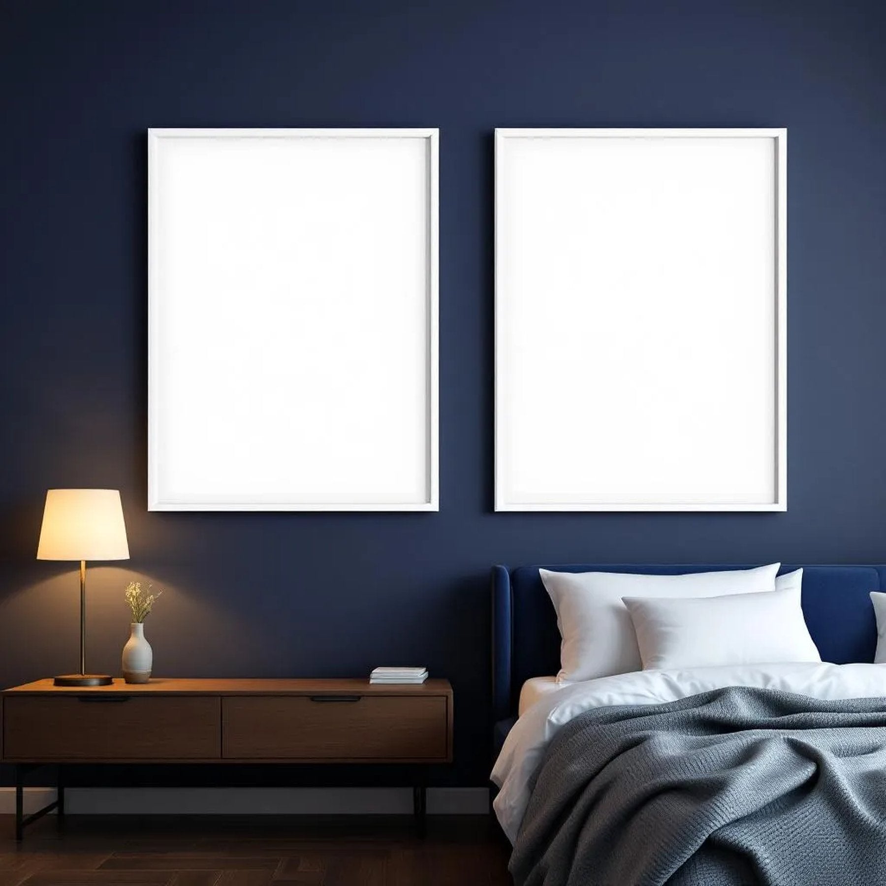Bedroom Navy High-Res Frame Mockup — Plain Square Frame Portrait 2:3 — Perspective View — #04060 | MockupBulk
