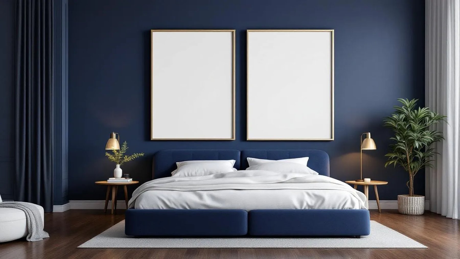 Bedroom Navy Room Scene Mockup — White Frame Portrait 2:3 — Perspective View — #04061 | MockupBulk