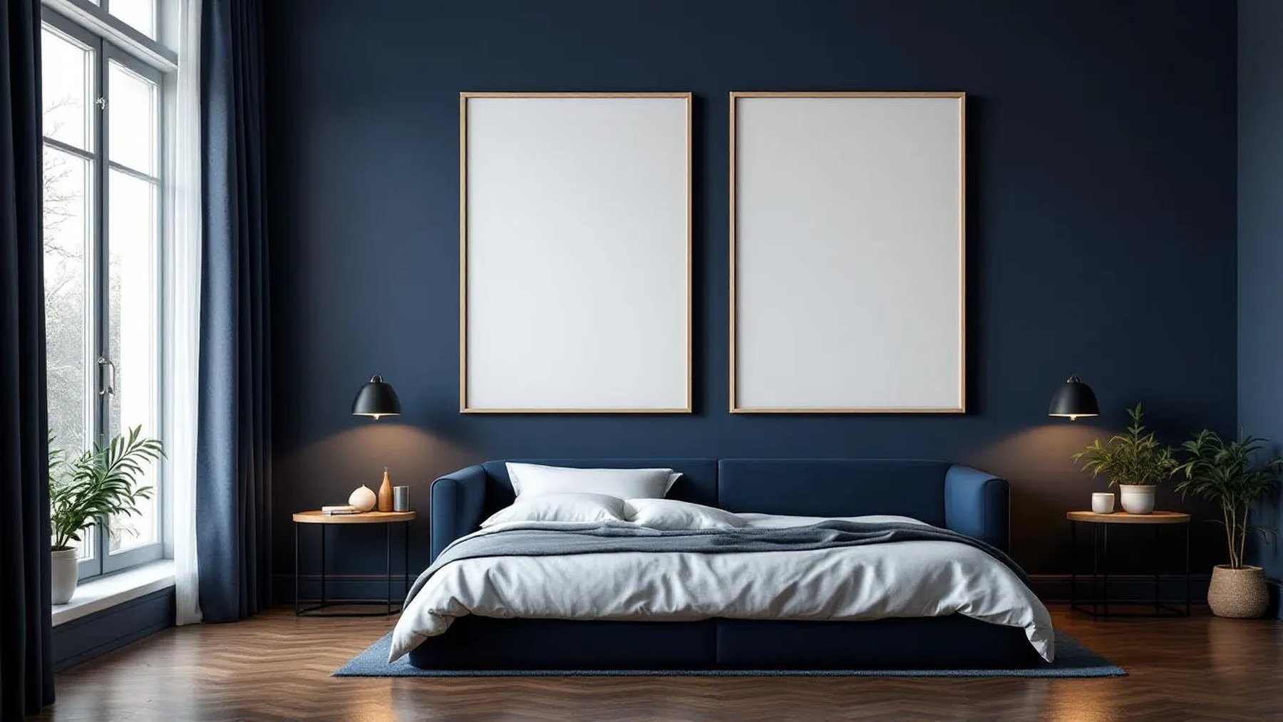 Bedroom Navy Premium Interior Mockup — White Frame Portrait 2:3 — Perspective View — #04067 | MockupBulk