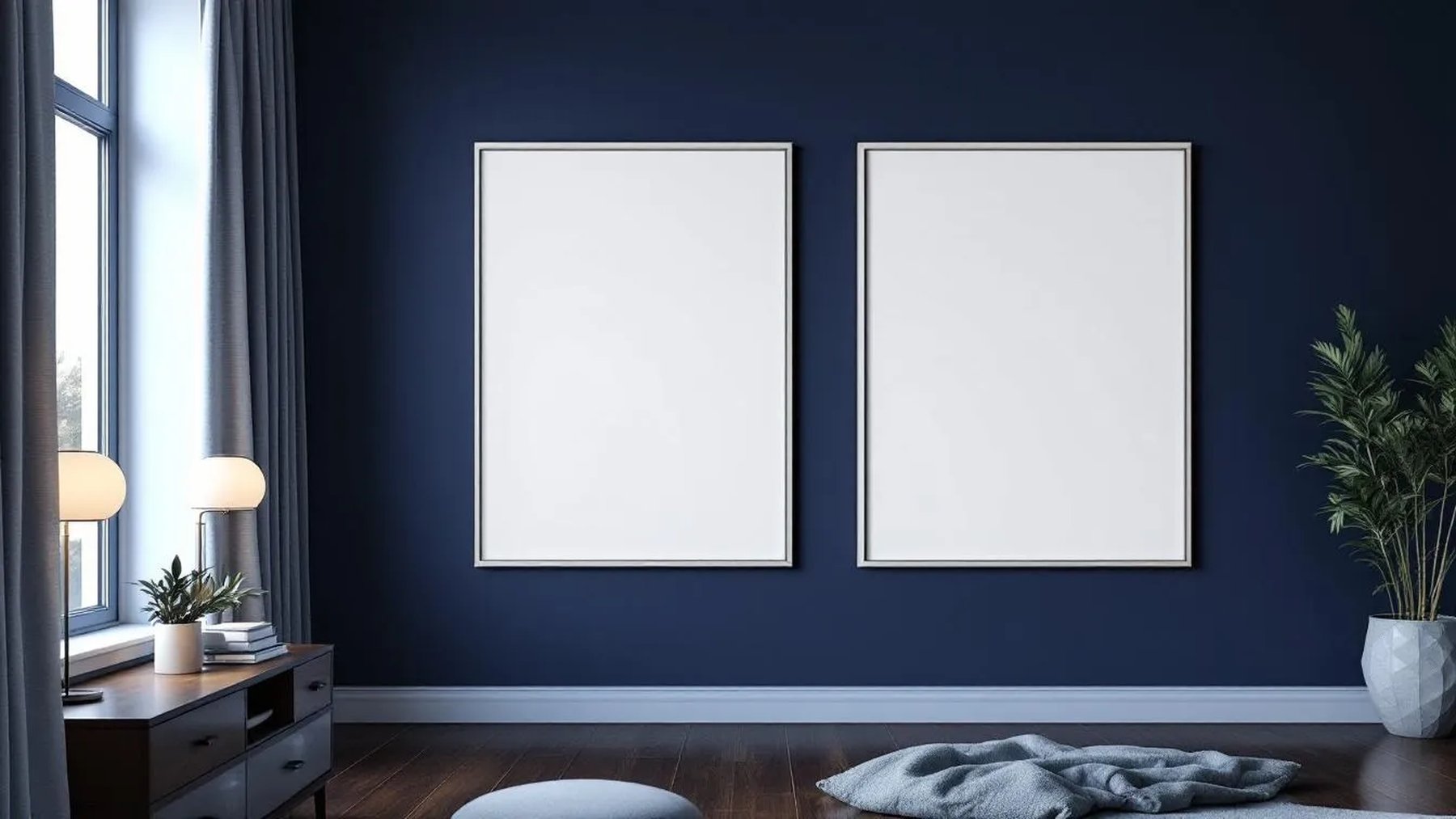Bedroom Navy Premium Interior Mockup — White Frame Landscape 3:4 — Perspective View — #04070 | MockupBulk
