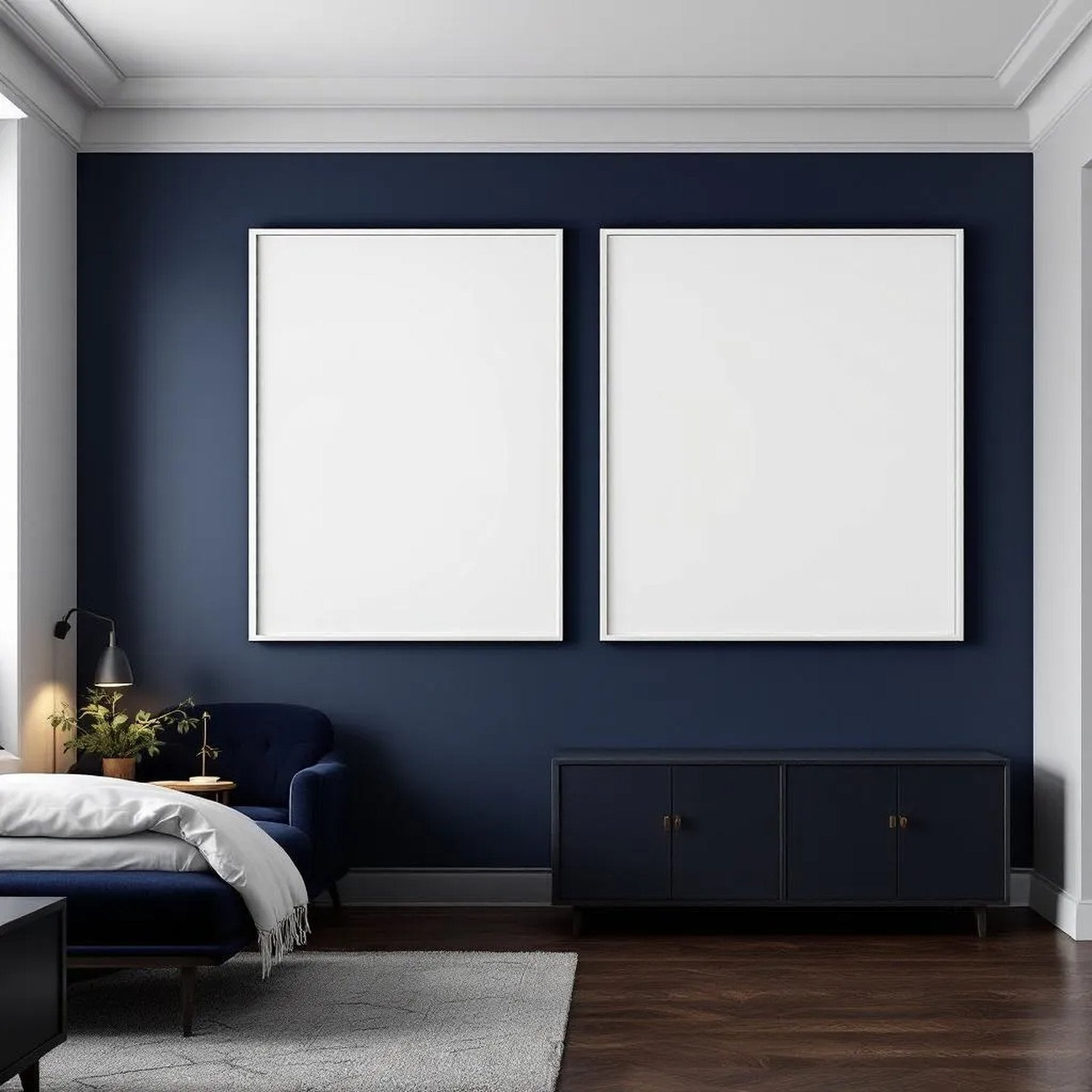 Bedroom Navy Styled Room Mockup — Plain Square Frame Portrait 2:3 — Perspective View — #04072 | MockupBulk