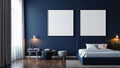 Bedroom Navy Interior Frame Mockup — White Frame Portrait 2:3 — Perspective View — #04073 | MockupBulk