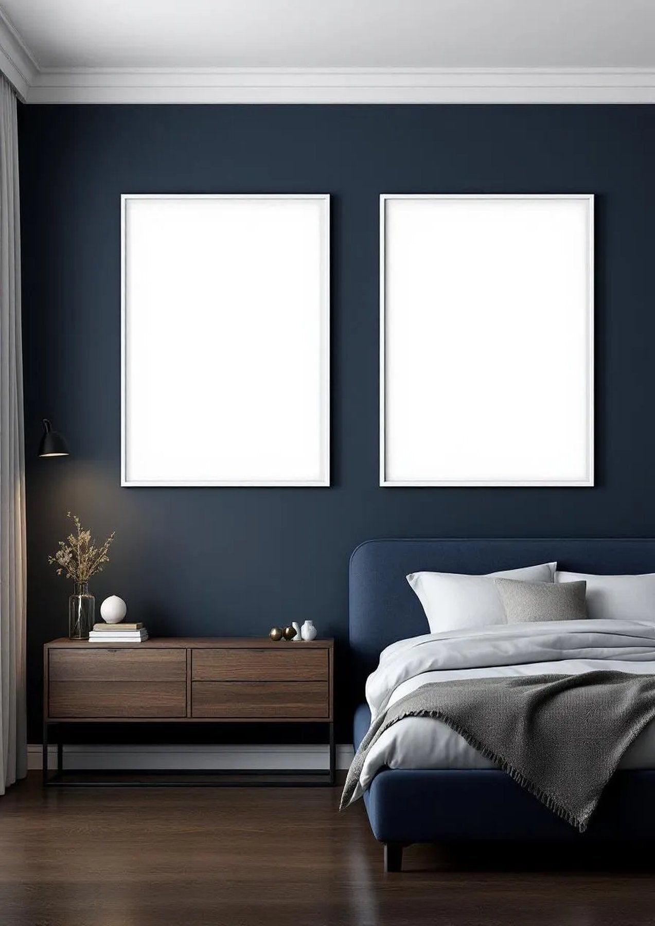 Bedroom Navy Lifestyle Frame Mockup — White Frame Portrait 2:3 — Perspective View — #04074 | MockupBulk