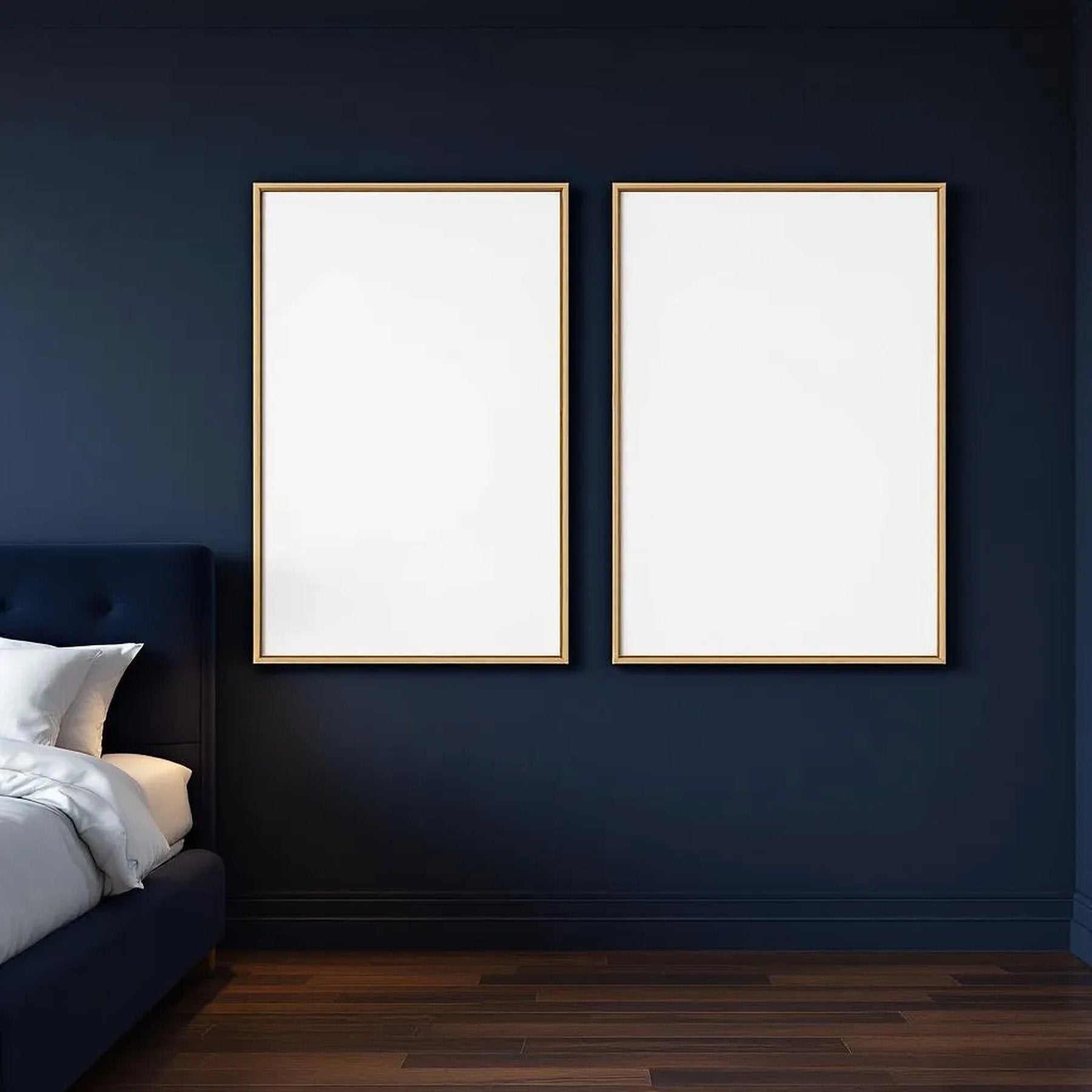 Bedroom Navy Wall Art Mockup — Plain Square Frame Portrait 2:3 — Perspective View — #04075 | MockupBulk