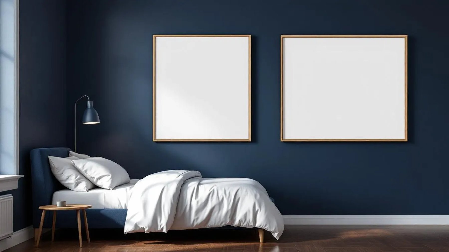 Bedroom Navy Premium Interior Mockup — Natural Oak Frame Portrait 2:3 — Perspective View — #04076 | MockupBulk