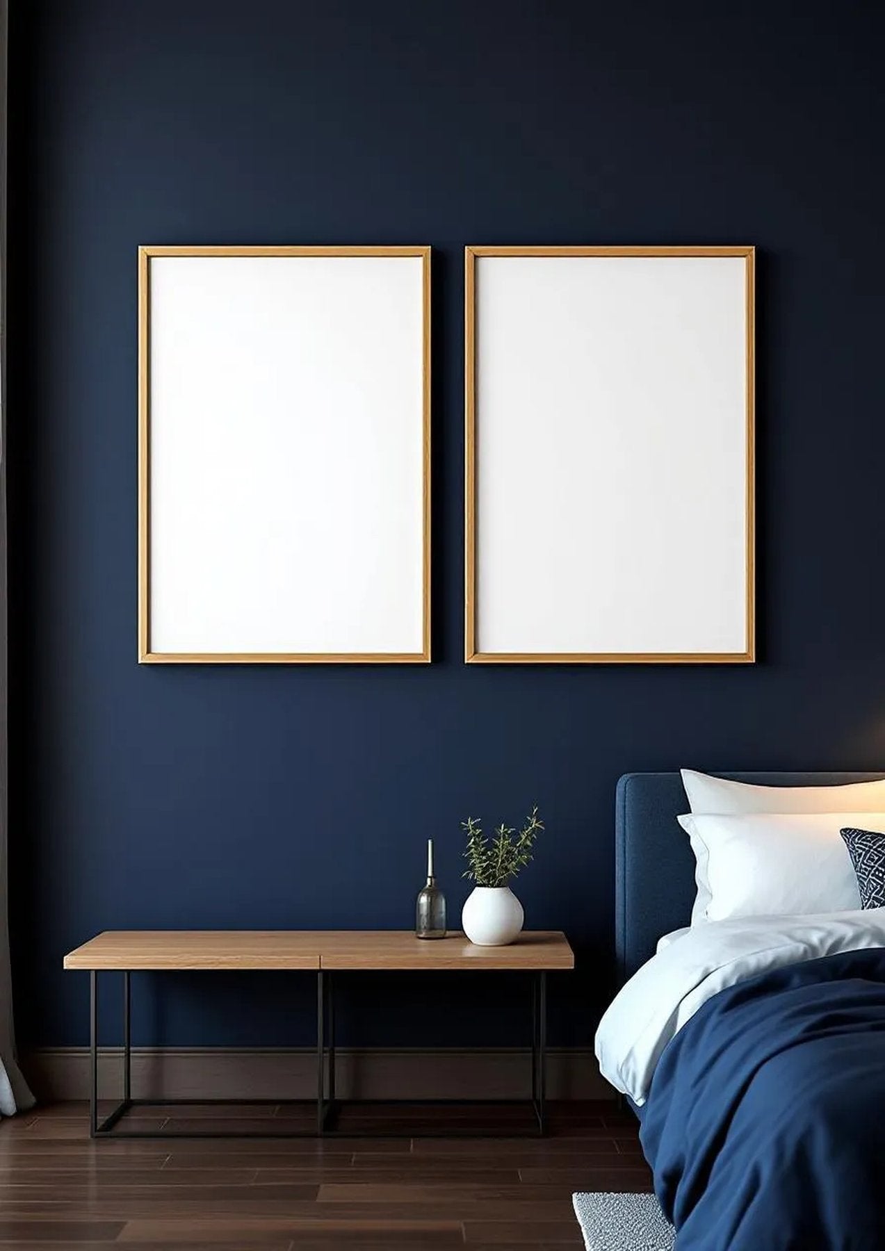 Bedroom Navy High-Res Frame Mockup — Natural Oak Frame Portrait 2:3 — Perspective View — #04077 | MockupBulk