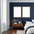 Bedroom Navy Editorial Room Mockup — Plain Square Frame Portrait 2:3 — Perspective View — #04078 | MockupBulk