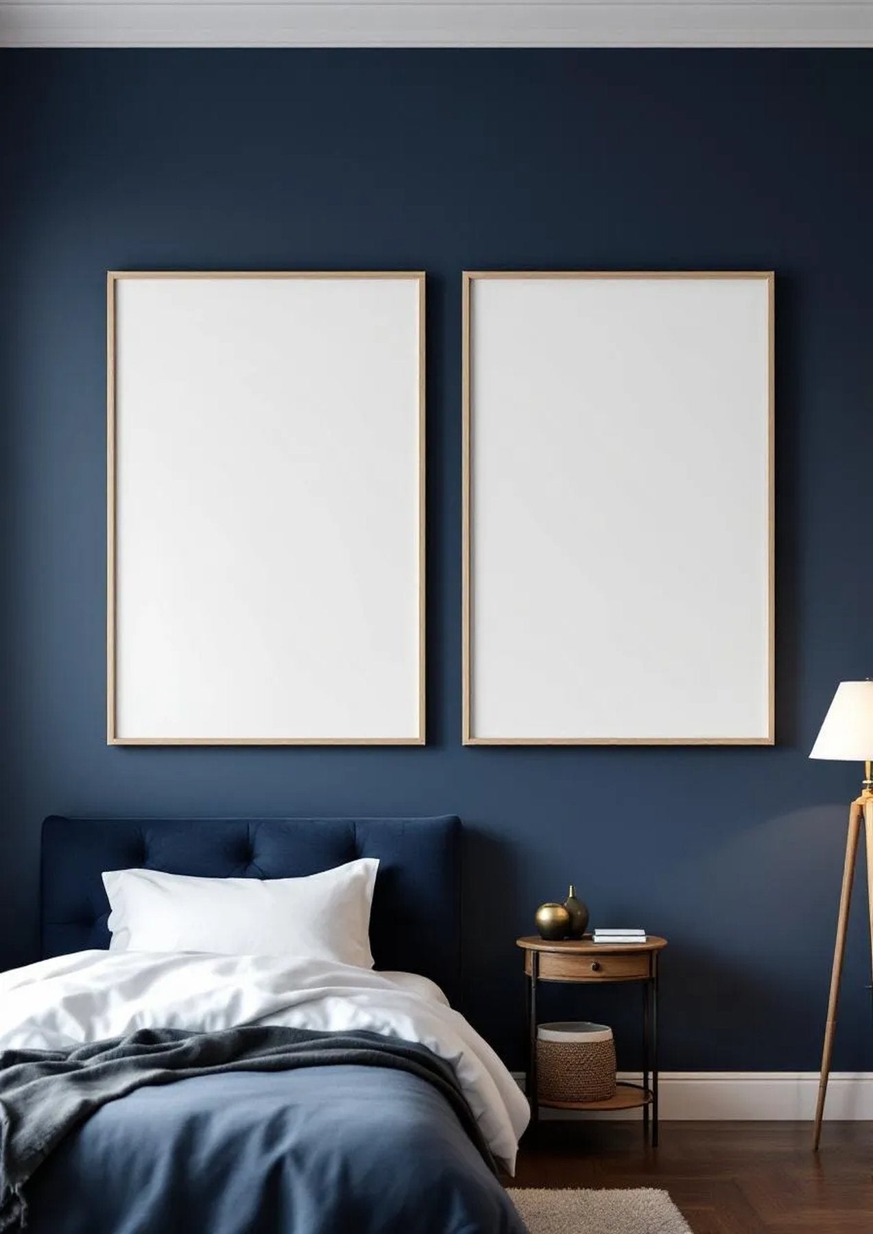 Bedroom Navy Styled Room Mockup — Natural Oak Frame Portrait 2:3 — Perspective View — #04080 | MockupBulk