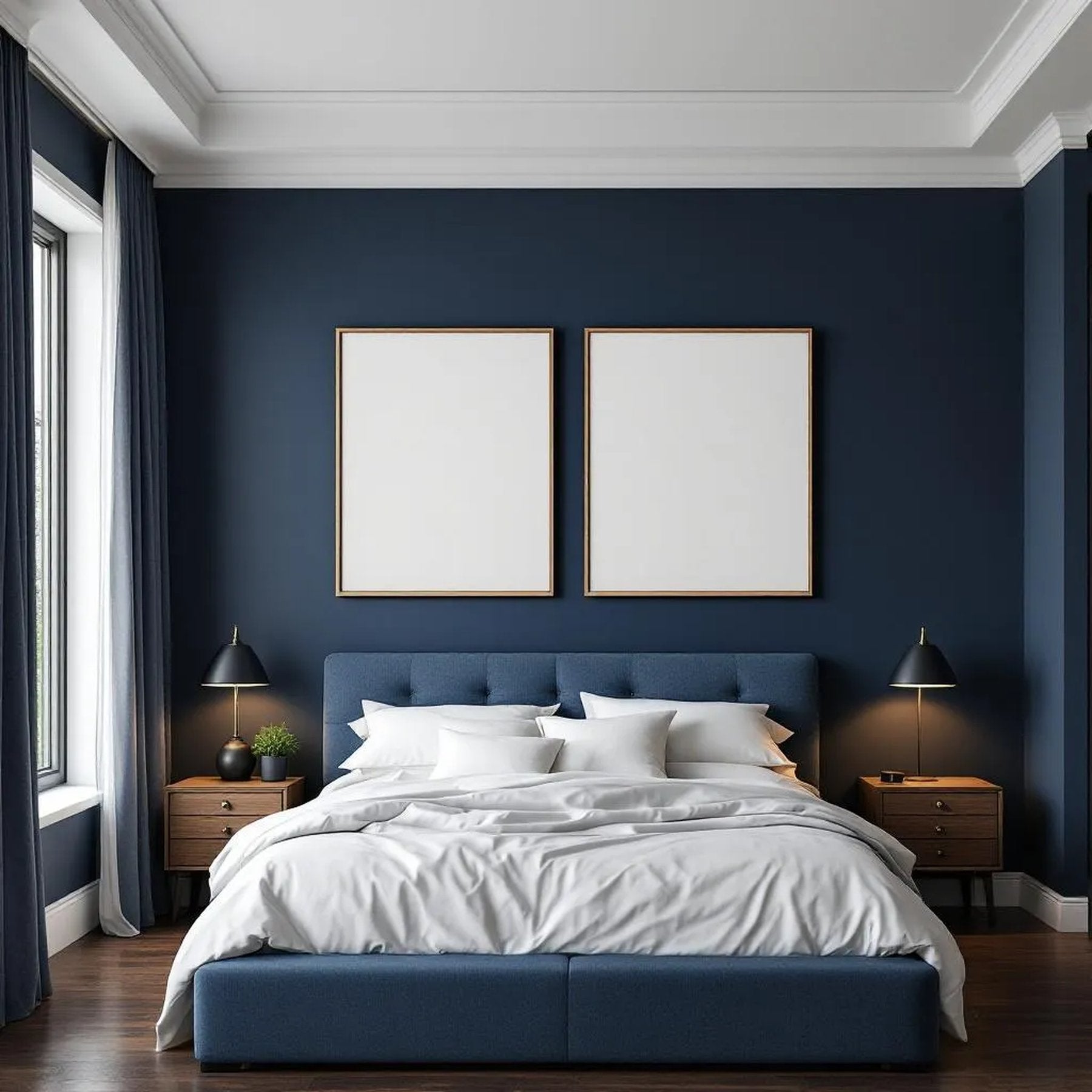 Bedroom Navy Frame Display Mockup — Plain Square Frame Portrait 2:3 — Perspective View — #04081 | MockupBulk