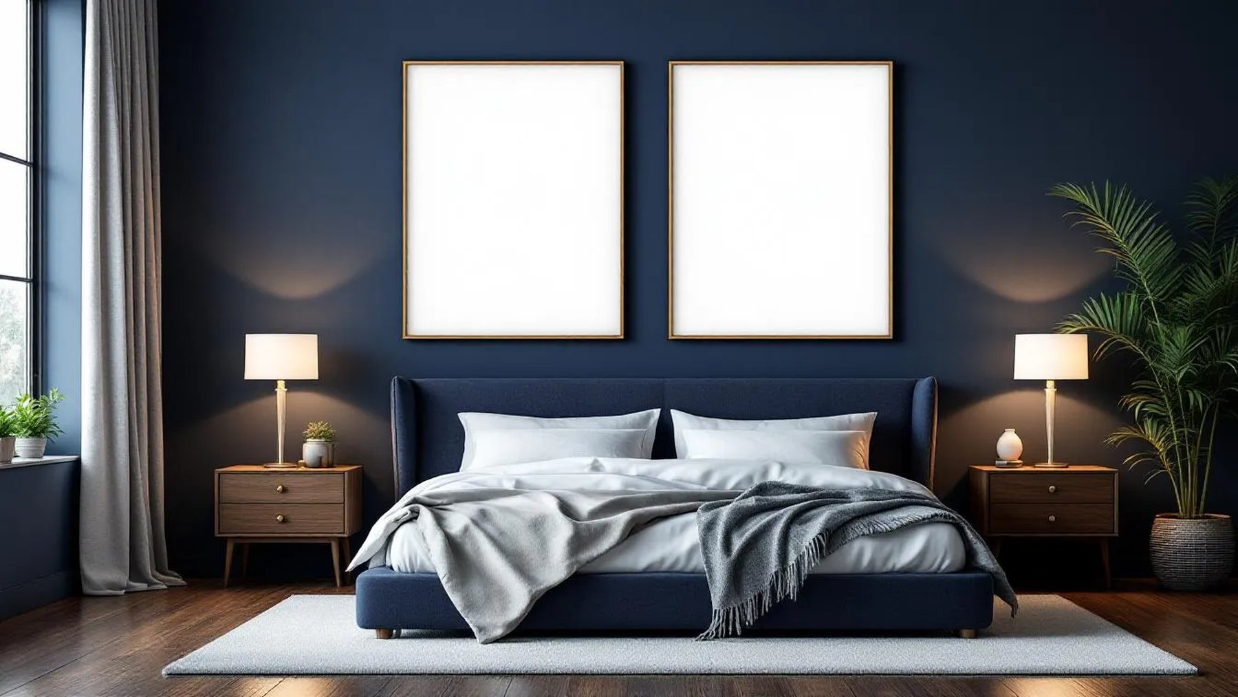Bedroom Navy Premium Interior Mockup — Natural Oak Frame Portrait 2:3 — Perspective View — #04082 | MockupBulk
