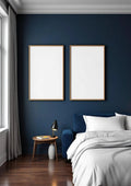 Bedroom Navy Professional Frame Mockup — Natural Oak Frame Portrait 2:3 — Perspective View — #04083 | MockupBulk