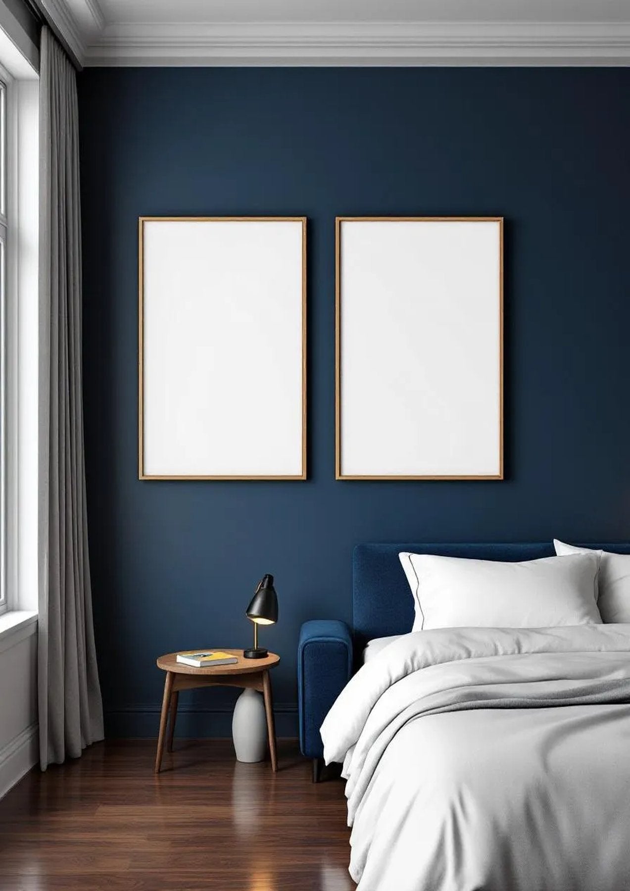 Bedroom Navy Professional Frame Mockup — Natural Oak Frame Portrait 2:3 — Perspective View — #04083 | MockupBulk