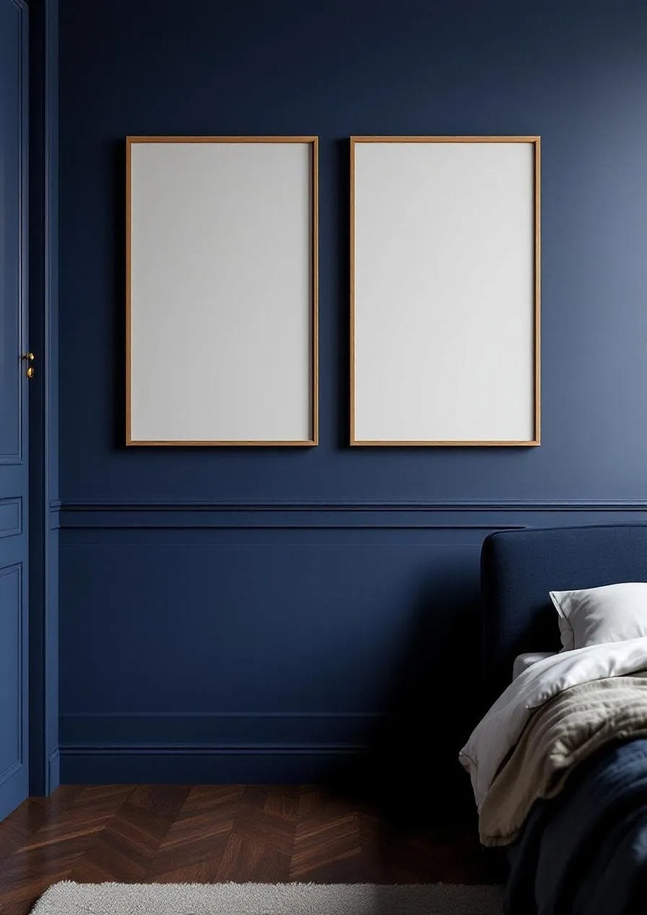 Bedroom Navy Professional Frame Mockup — Natural Oak Frame Portrait 2:3 — Perspective View — #04086 | MockupBulk