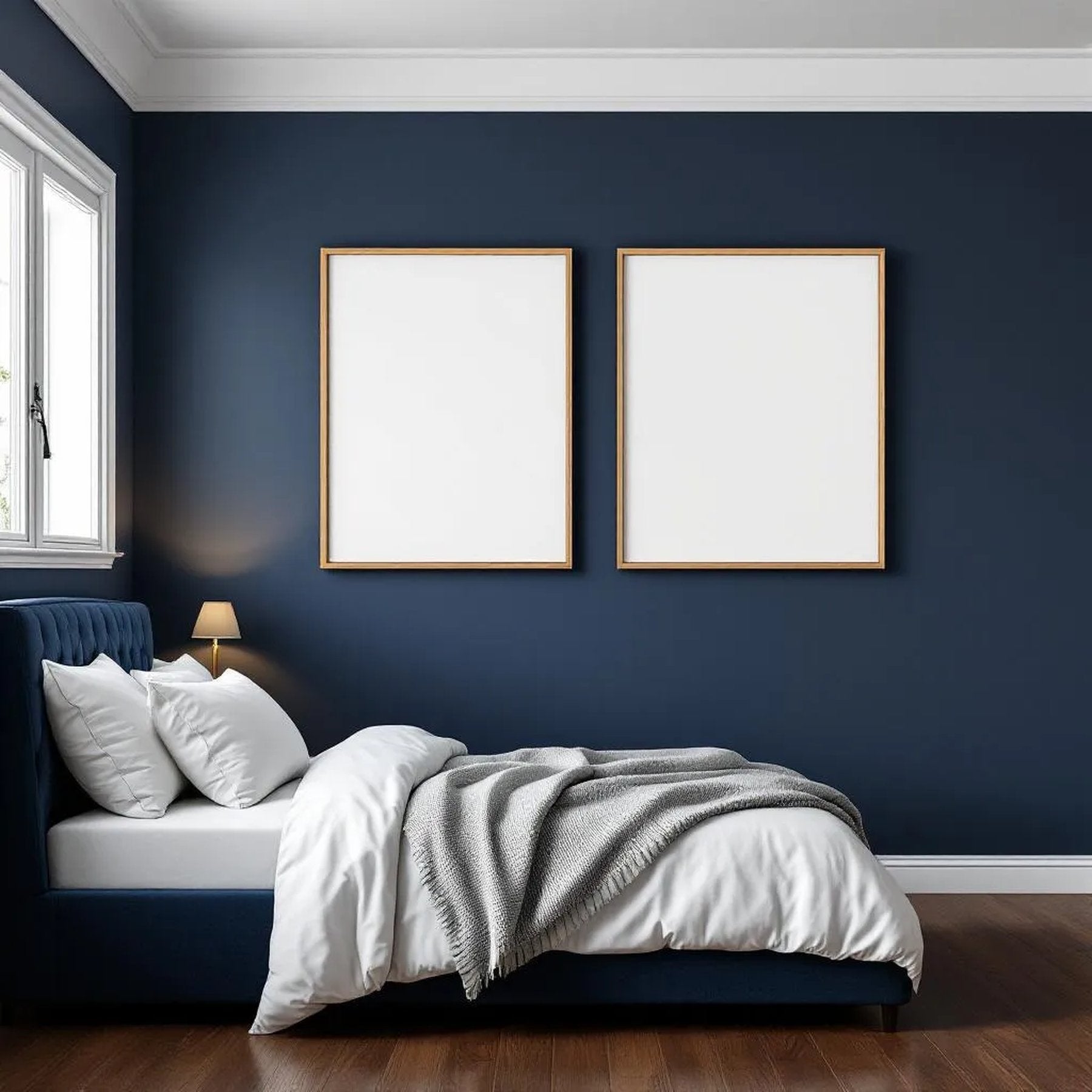 Bedroom Navy Premium Interior Mockup — Plain Square Frame Portrait 2:3 — Perspective View — #04087 | MockupBulk