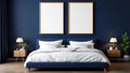 Bedroom Navy Interior Frame Mockup — Natural Oak Frame Portrait 2:3 — Perspective View — #04088 | MockupBulk