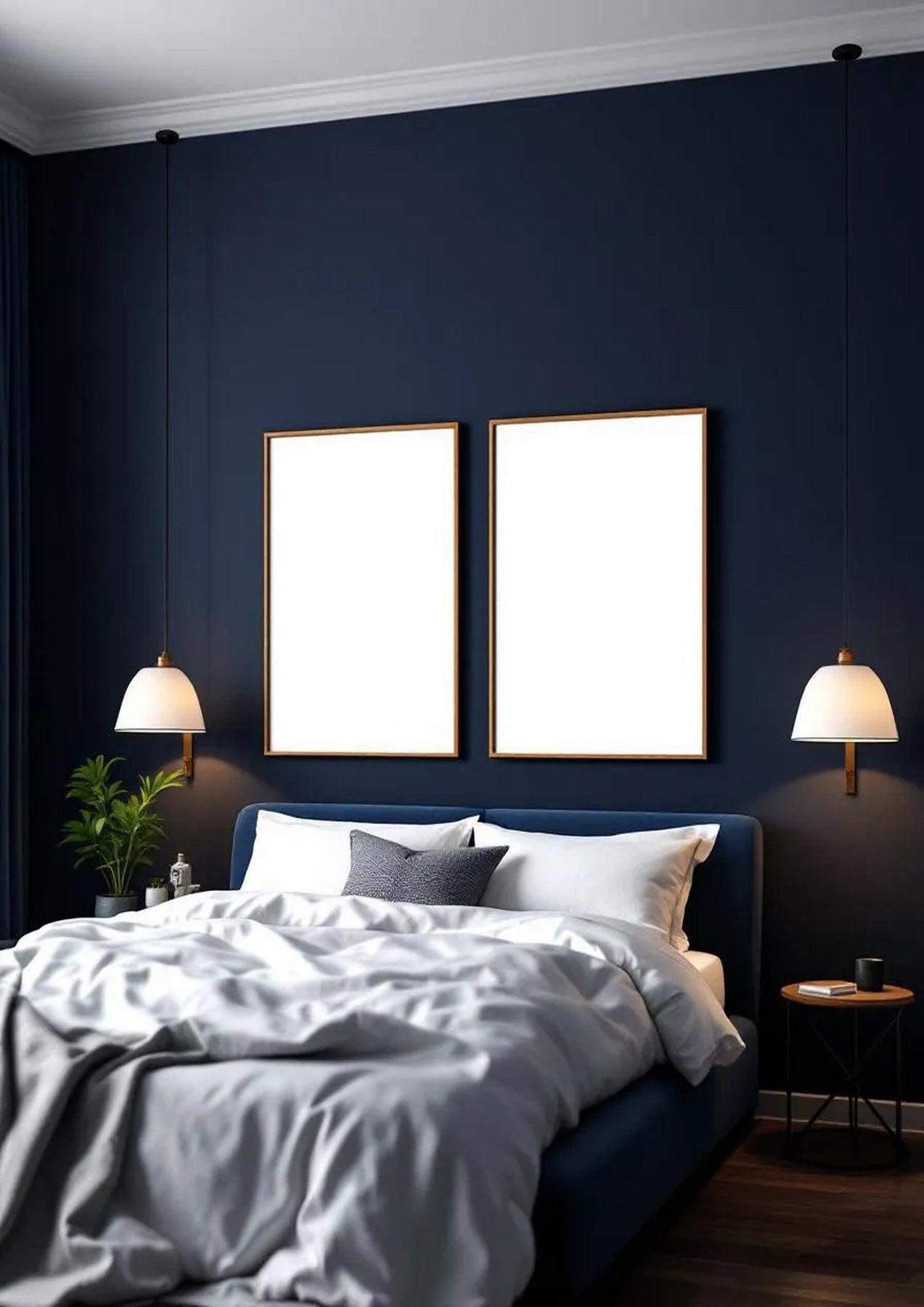 Bedroom Navy Styled Room Mockup — Natural Oak Frame Portrait 2:3 — Perspective View — #04089 | MockupBulk
