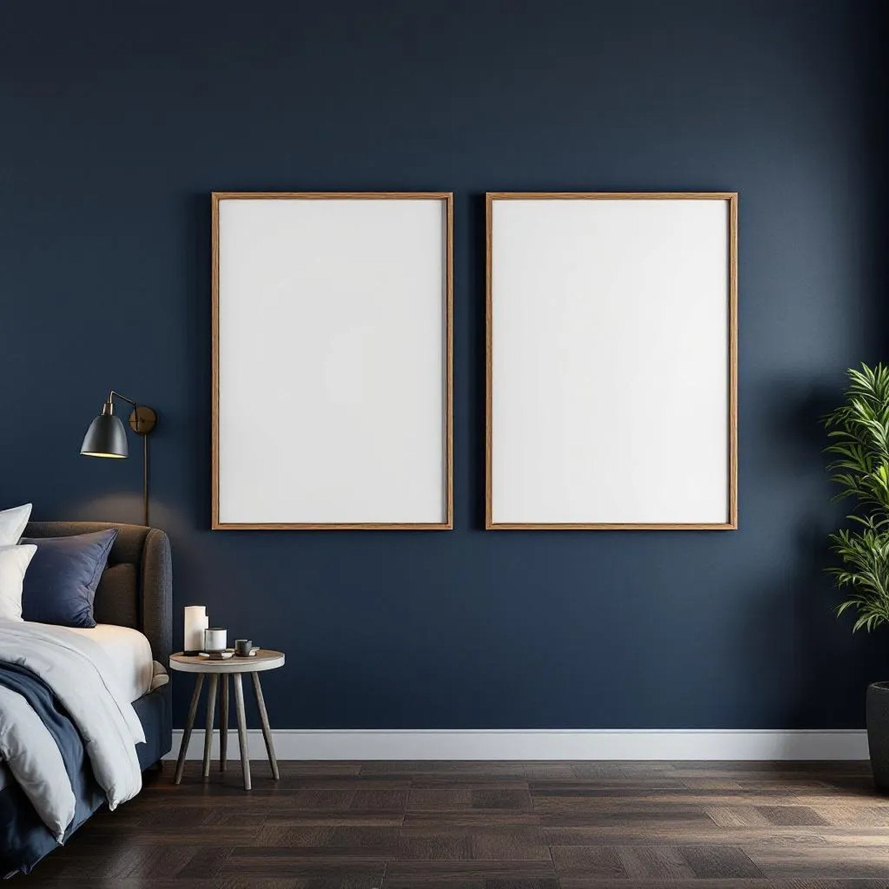 Bedroom Navy Room Scene Mockup — Plain Square Frame Portrait 2:3 — Perspective View — #04090 | MockupBulk