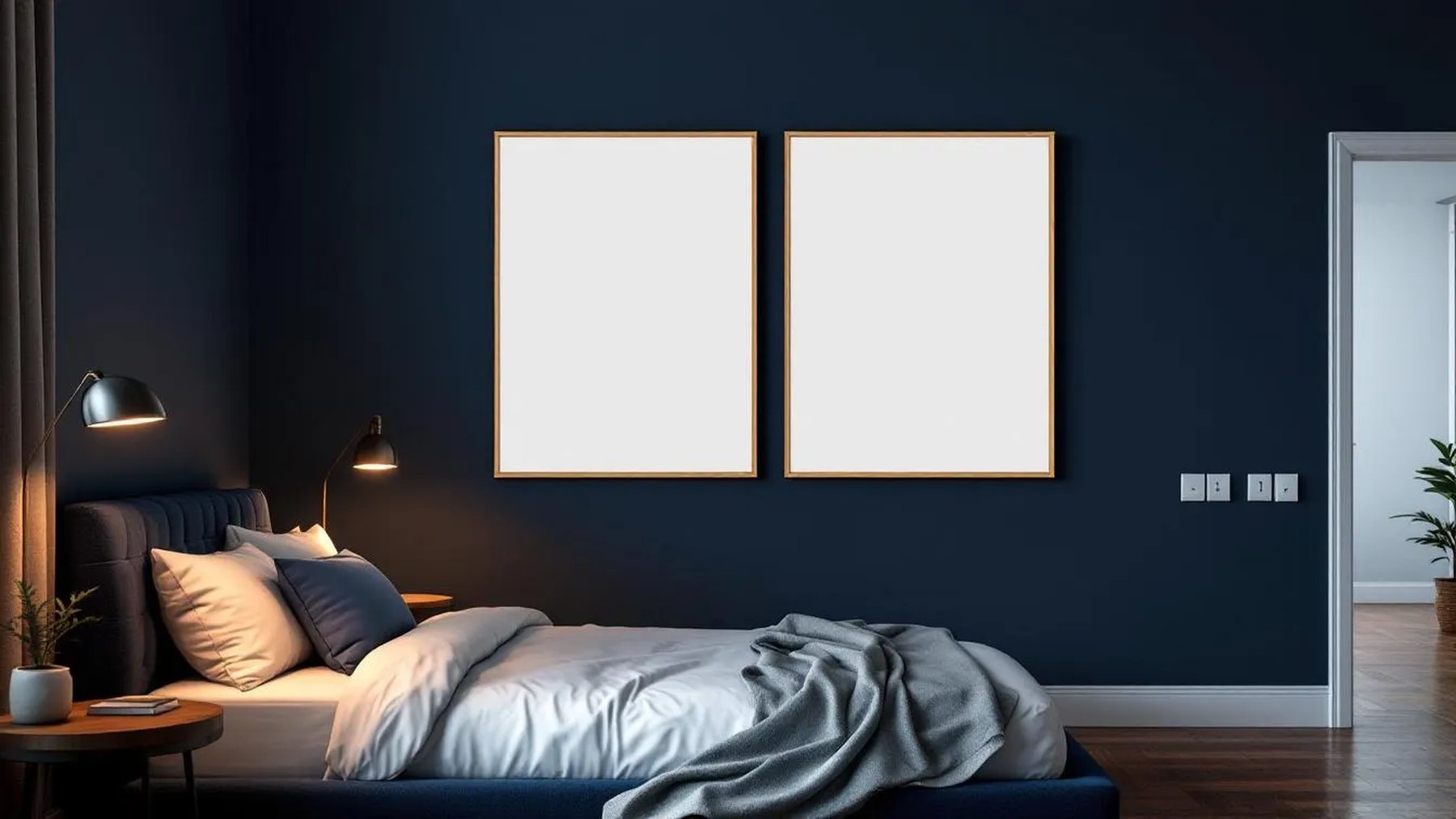 Bedroom Navy Interior Frame Mockup — Natural Oak Frame Portrait 2:3 — Perspective View — #04091 | MockupBulk