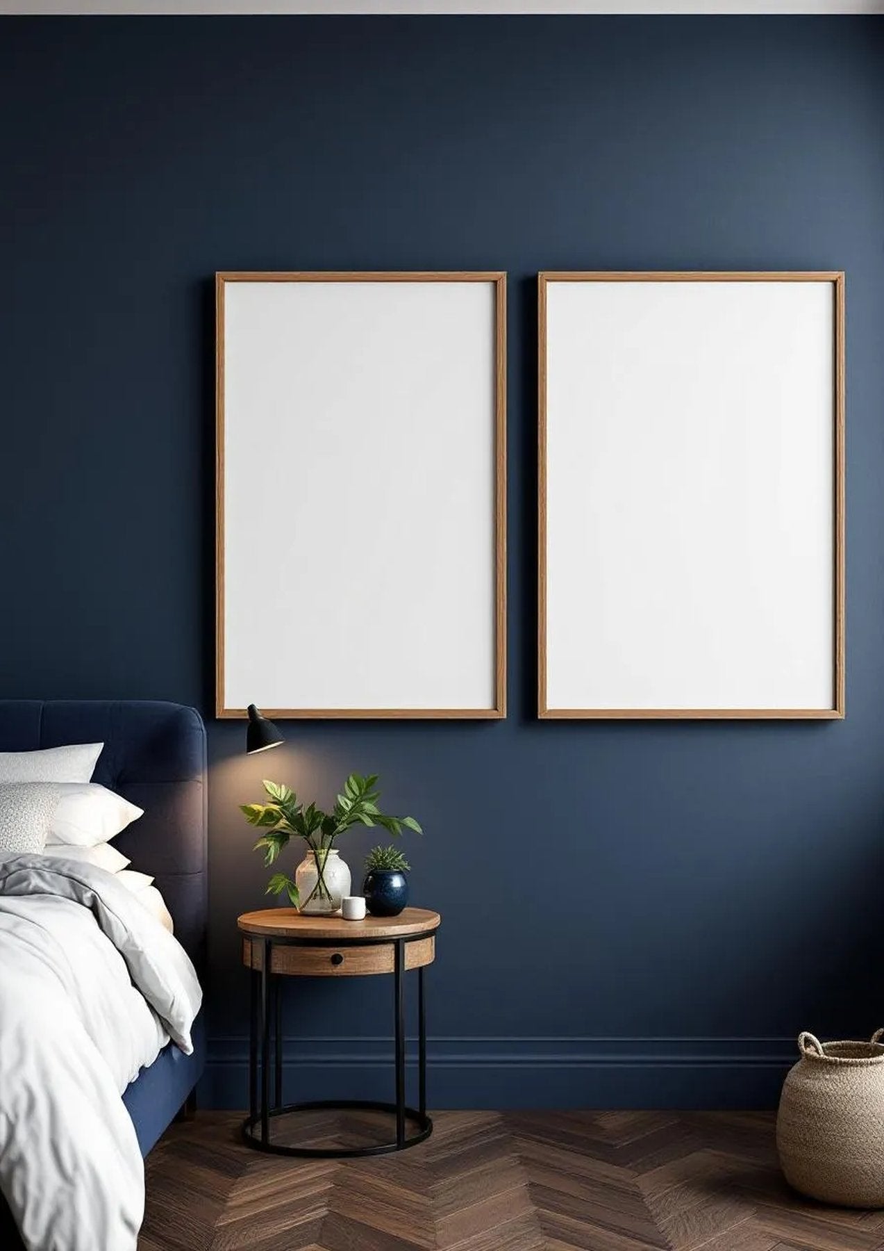 Bedroom Navy Wall Art Mockup — Natural Oak Frame Portrait 2:3 — Perspective View — #04092 | MockupBulk
