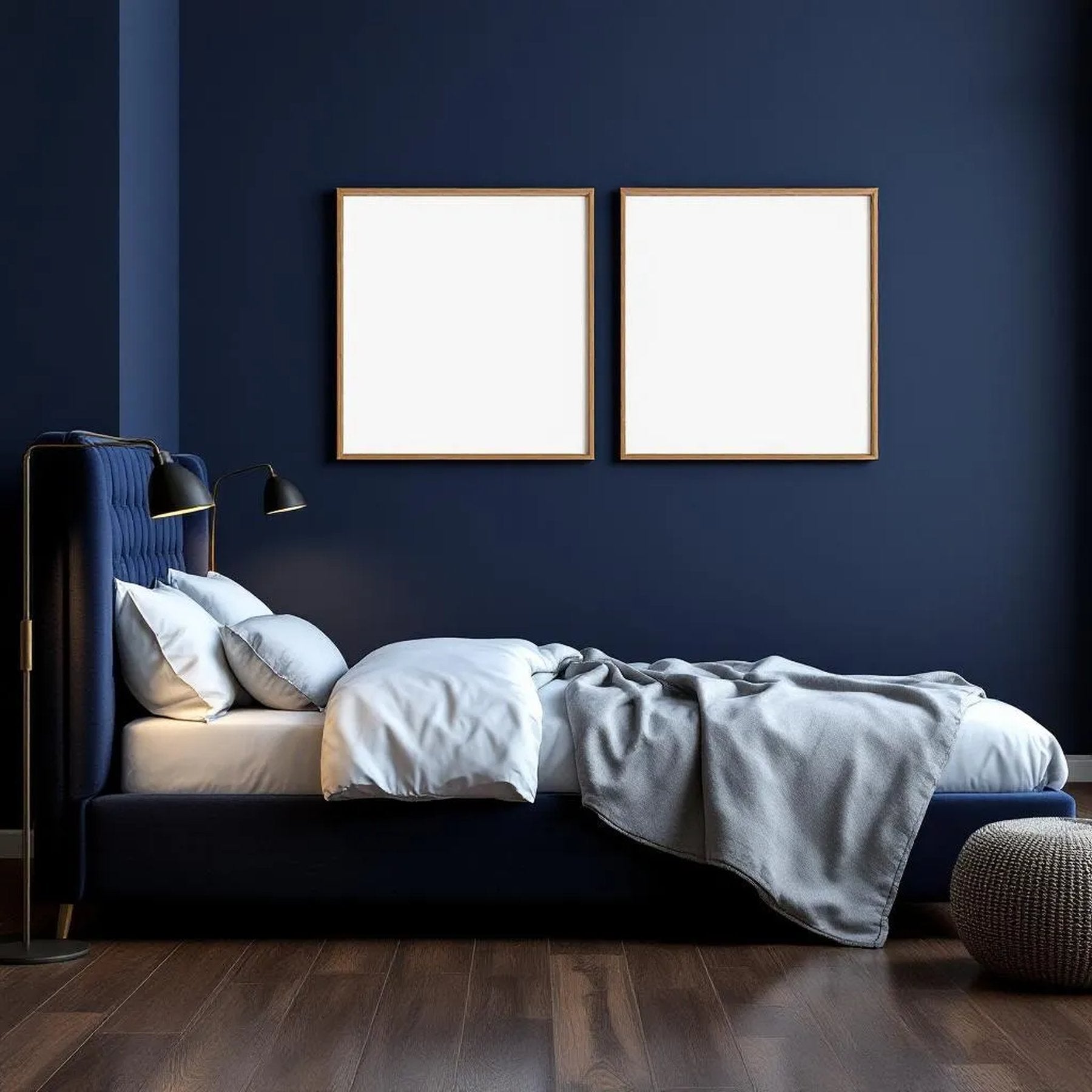 Bedroom Navy Editorial Room Mockup — Plain Square Frame Portrait 2:3 — Perspective View — #04093 | MockupBulk
