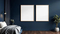 Bedroom Navy Frame Display Mockup — Natural Oak Frame Portrait 4:5 — Perspective View — #04094 | MockupBulk